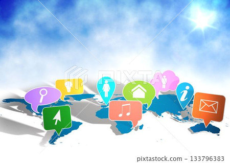 Flat design world map is floating under blue sky with colorful pin and speech bubble icons Flat design world map is floating under blue sky with colorful pin and speech bubble icons 133796383