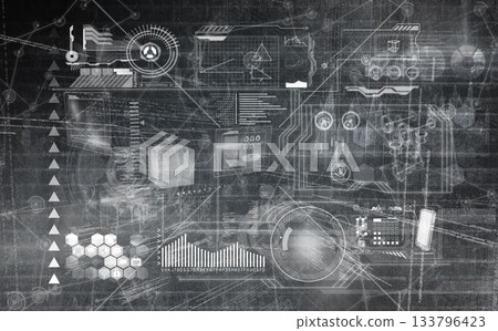 Flat design is showing HUD interface with gauges, bar chart, waveform overlaying dark backdrop Flat design is showing HUD interface with gauges, bar chart, waveform overlaying dark backdrop 133796423