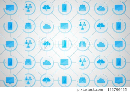 Flat design network of circular nodes is showing technology icons on gray gradient Flat design network of circular nodes is showing technology icons on gray gradient 133796435