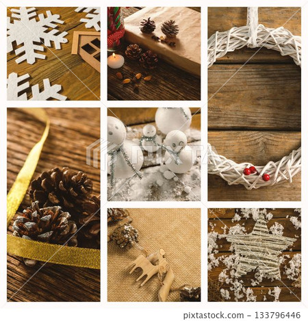 Showing flat design winter collage featuring snowflakes, gift box, pinecones, snowmen, wreath, star 133796446