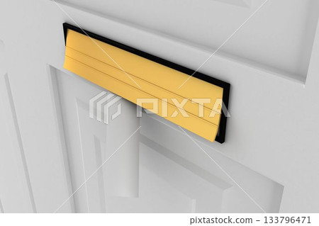 Yellow letterbox flap with black frame is showing rolled paper on white paneled door, flat design 133796471