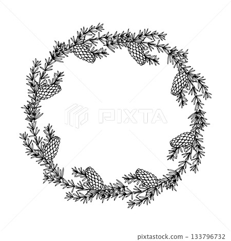 Detailed hand-drawn pine cone wreath with evergreen branches. Ideal for Christmas cards, winter invitations, labels, logos, packaging, seasonal branding and elegant line art decorations. Detailed hand-drawn pine cone wreath with evergreen branches. Ideal for Christmas cards, winter invitations, labels, logos, packaging, seasonal branding and elegant line art decorations. 133796732