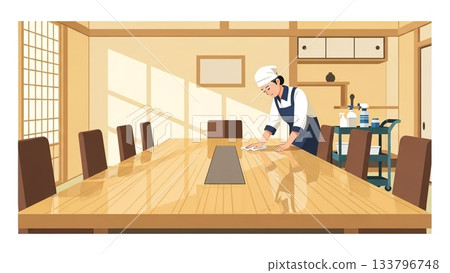 Female staff member keeping the table in the Japanese-style room clean 133796748