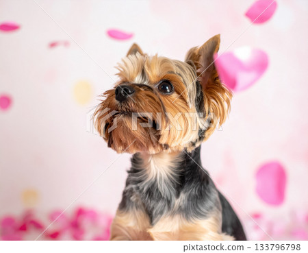 約克夏梗犬在飄落的花瓣間抬頭張望 約克夏梗犬在飄落的花瓣間抬頭張望 133796798