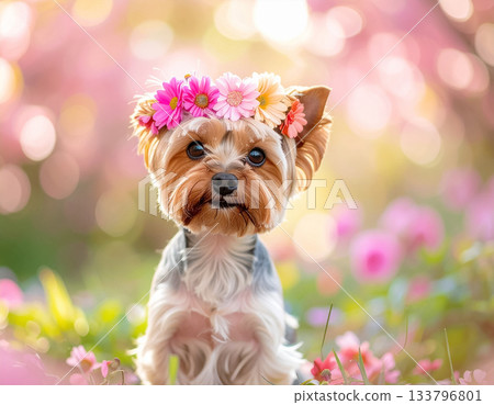 一張約克夏梗犬戴著花冠的春日肖像。 133796801