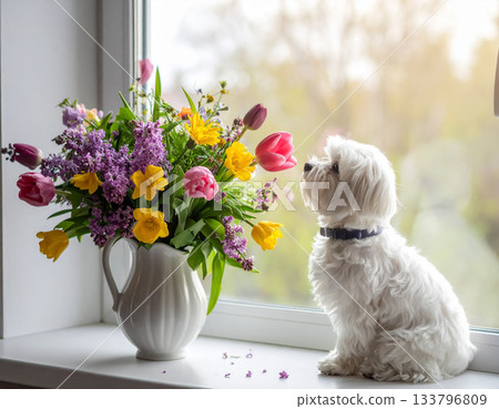 窗邊，一位馬耳他人正凝視著一束春花。 133796809