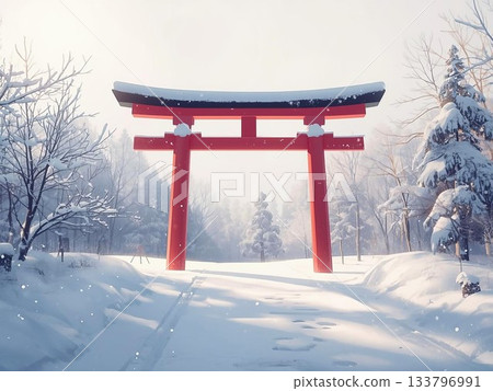 Illustration of a red torii gate in the snow in winter 133796991