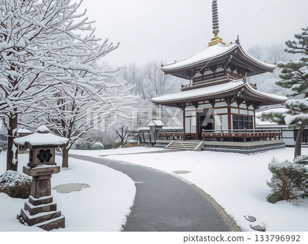 雪景下的日式建築插圖 雪景下的日式建築插圖 133796992