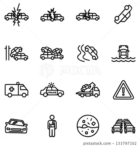 A black and white line-art collection of sixteen icons depicting various types of vehicle accidents, emergency services, vehicle damage, and related insurance concepts. A black and white line-art collection of sixteen icons depicting various types of vehicle accidents, emergency services, vehicle damage, and related insurance concepts. 133797102