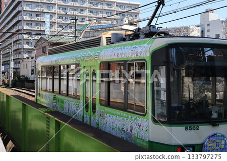 A view of a Toden tram crossing the Kanda River Bridge and heading towards Gakushuinshita Station 133797275