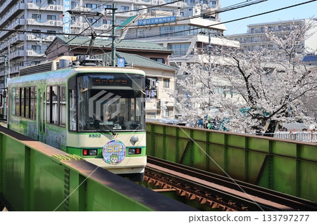 一輛都電電車正駛過神田川大橋,朝著學習院下站方向前進。 一輛都電電車正駛過神田川大橋,朝著學習院下站方向前進。 133797277