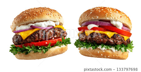 Grilled beef burger with lettuce, tomato, sumac, onion, cheese, and creamy tahini sauce isolated on white background 133797698