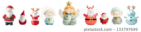 Adorable Christmas figurines including Santa, angels, elves, reindeer, and snowmen in soft pastel tones isolated on a white background, festive and joyful 133797699