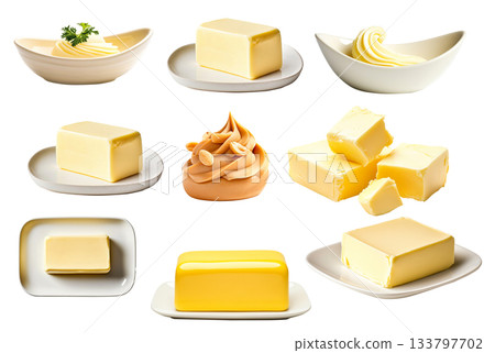 A block of fresh creamy butter on white plate isolated on white transparent background A block of fresh creamy butter on white plate isolated on white transparent background 133797702