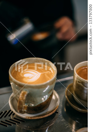 Close up hot coffee cup in cafe 133797800
