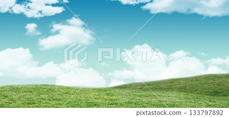 Rolling green hills in vector design are stretching across blue sky with white clouds, copy space 133797892