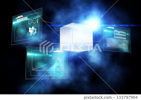 3D render showing translucent cube on glowing lines to screens with gauges, waveforms in haze 133797904