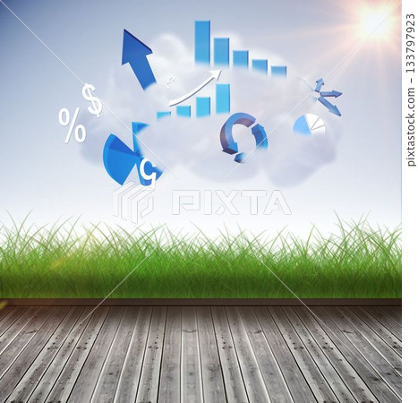 Flat design cloud is showing floating blue finance icons over wooden deck, grass under sunny sky Flat design cloud is showing floating blue finance icons over wooden deck, grass under sunny sky 133797923