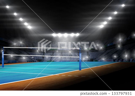 Volleyball net and support posts are being shown in flat design arena with floodlights and seating Volleyball net and support posts are being shown in flat design arena with floodlights and seating 133797931