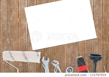 Equipments with paper on wooden flooring Equipments with paper on wooden flooring 133797935