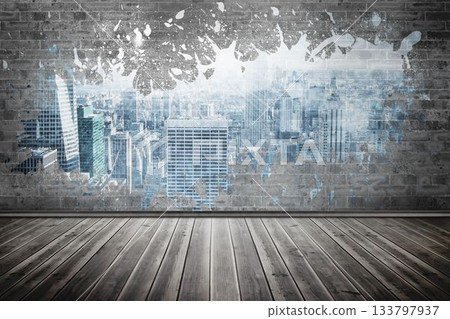 Splash on wall revealing city Splash on wall revealing city 133797937