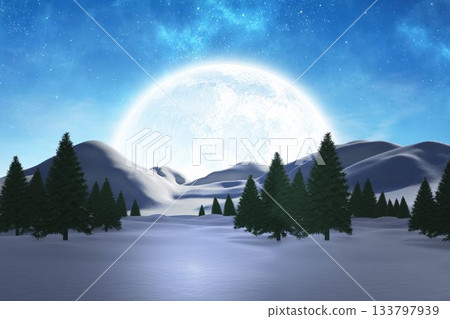 Flat design is showing full moon shining over snowy hills with pine trees and starry sky 133797939