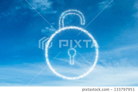 Cloud-formed open padlock is floating in flat-design vibrant blue sky filled with wispy clouds Cloud-formed open padlock is floating in flat-design vibrant blue sky filled with wispy clouds 133797951