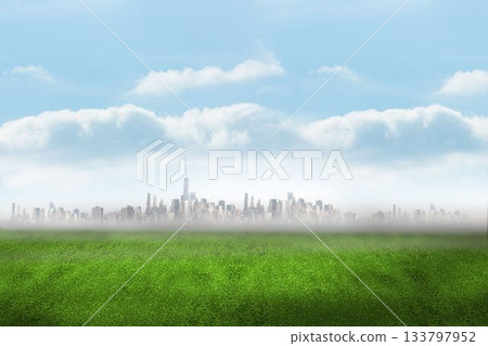Flat design urban skyline is emerging through rising mist above grass field under clear blue sky 133797952