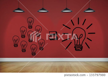 Minimalist interior is showing line art mural with nine bulbs, equals sign and large bulb 133797980