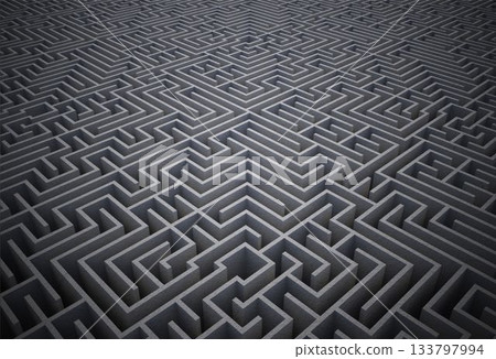 large three-dimensional concrete maze walls are stretching along corridor grid in 3D render 133797994
