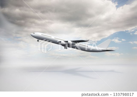 Flat design showing white twin-engine jet airliner is ascending with landing gear over cloudy sky 133798017