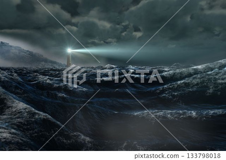 Stormy sea with lighthouse 133798018