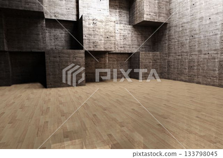Vacant geometric interior space showing 3D render of concrete block walls and polished wooden floor 133798045