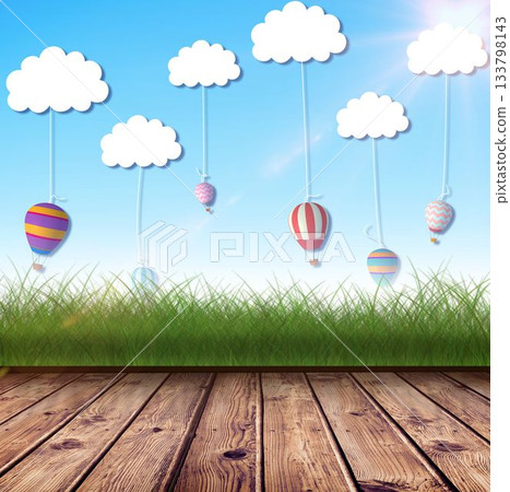 Hot air balloons over wood 133798143