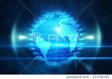 High-tech globe rotating in dark virtual space, showing binary code overlay, beams and glowing halo High-tech globe rotating in dark virtual space, showing binary code overlay, beams and glowing halo 133798165