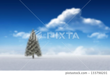 Evergreen tree is standing on snowy plain in flat design style, with blue sky and clouds Evergreen tree is standing on snowy plain in flat design style, with blue sky and clouds 133798201