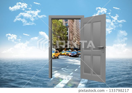 Illustrative image of open door with street and buildings on sea Illustrative image of open door with street and buildings on sea 133798217