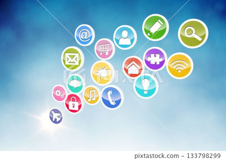Colorful flat design icons cluster is floating on blue gradient featuring email, cart, phone 133798299