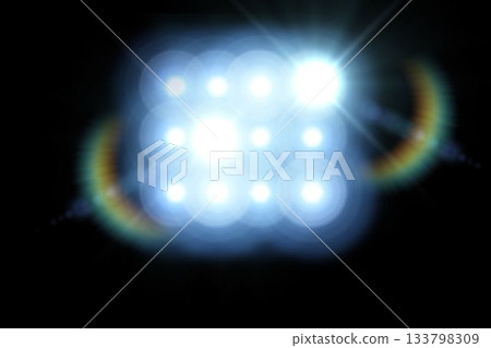 Grid of LED lights is shining against black background with lens flare rings, vector art Grid of LED lights is shining against black background with lens flare rings, vector art 133798309