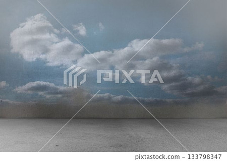 Flat design seascape is showing tranquil rippled ocean meeting partly cloudy sky with muted tones 133798347