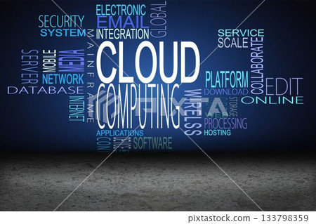 Cloud computing buzzwords above desert Cloud computing buzzwords above desert 133798359