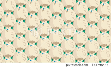 Horizontal space of the mint filled with money bags sealed with a bank seal. Backdrop for advertising of banking services. Vector background top view at an angle Horizontal space of the mint filled with money bags sealed with a bank seal. Backdrop for advertising of banking services. Vector background top view at an angle 133798453
