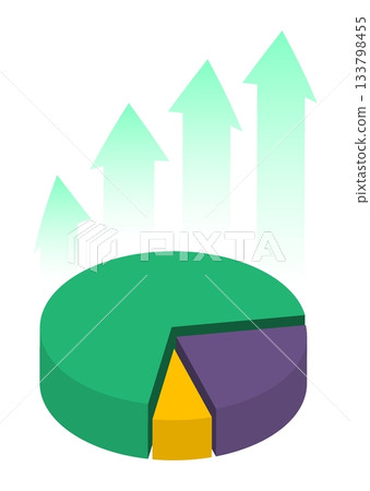 Isometric pie chart with dynamically growing green arrows pointing upwards. Isolated cartoon vector concept on white background top view Isometric pie chart with dynamically growing green arrows pointing upwards. Isolated cartoon vector concept on white background top view 133798455