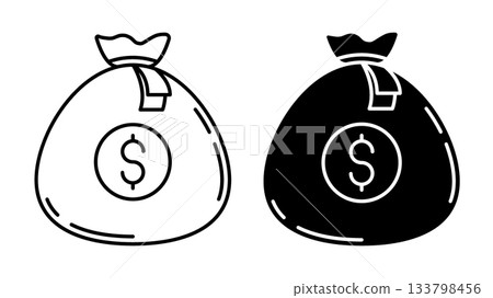 Linear icon. Money bag containing dollars and euros, sealed with a bank seal. Simple black and white vector isolated on white background 133798456