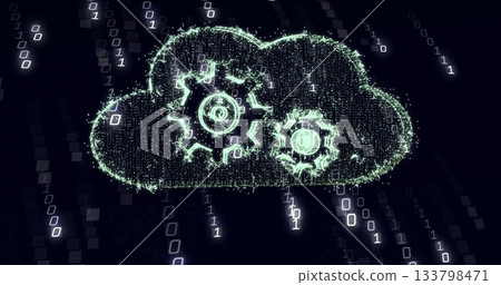 Glowing digital cloud icon streaming binary digits in dark abstract space, with embedded gear icons Glowing digital cloud icon streaming binary digits in dark abstract space, with embedded gear icons 133798471
