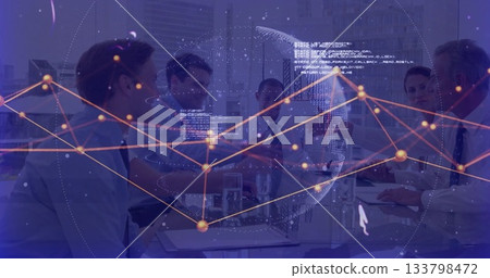 Collaborating business team tapping laptops and reviewing files in boardroom, with network overlay Collaborating business team tapping laptops and reviewing files in boardroom, with network overlay 133798472