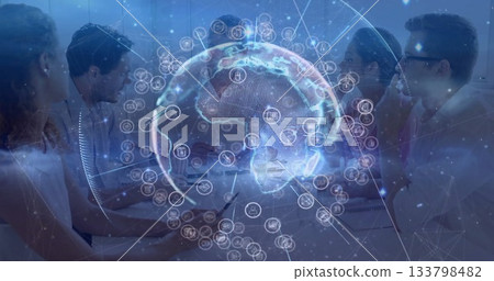 Business team discussing digital globe projection in office conference room with laptops smartphone Business team discussing digital globe projection in office conference room with laptops smartphone 133798482