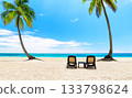 Beach chairs on white sandy beach with coconut palm trees and turquoise sea. Summer beach vacation and travel concept. 133798624
