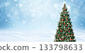 Festive Christmas tree decorated with red baubles and golden garlands against a backdrop of a winter snowy forest, snowfall and snowflakes. Beautiful holiday Christmas background. 133798633