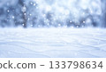 A winter Christmas snow background with snowdrifts against a backdrop of snow-covered trees and a beautiful bokeh lights with snowflakes and garlands. Banner format, copy space. 133798634
